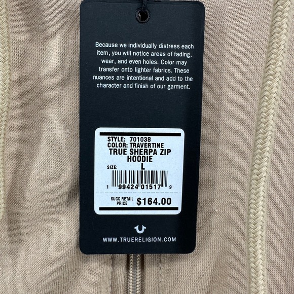 $164 NWT True Religion Mens LG True Sherpa Full Zip Hoodie Travertine Tan Buddha - Picture 3 of 12